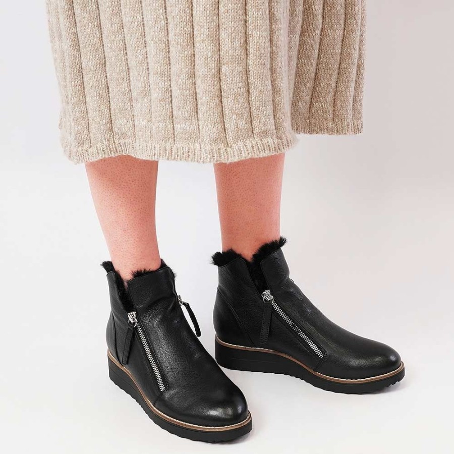 Boots Top End | Opal Black Leather/ Fur Ankle Boots