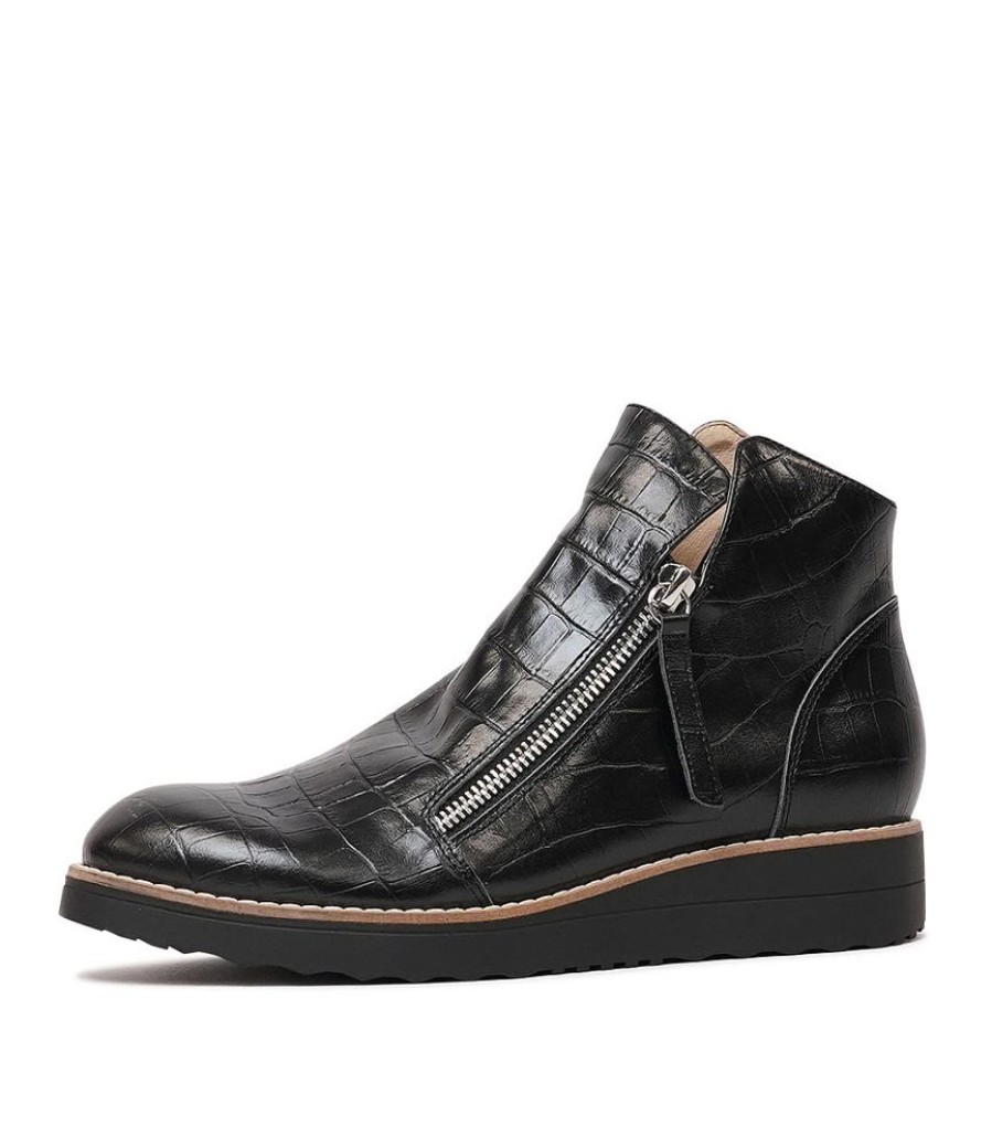 Boots Top End | Ohmyes Black Croc Leather Ankle Boots