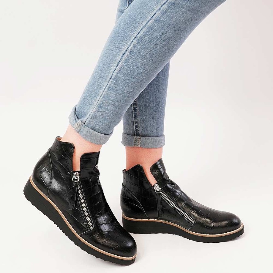 Boots Top End | Ohmyes Black Croc Leather Ankle Boots